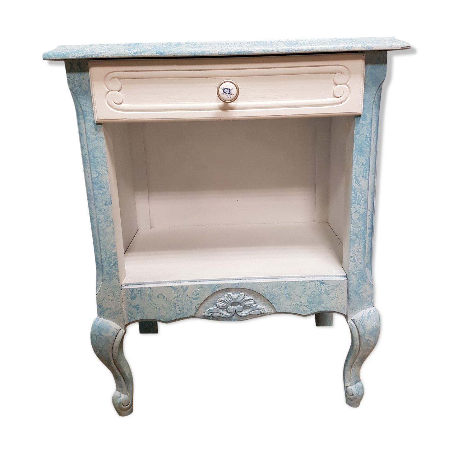 Low bedside table, 1 drawer, white and blue redesigned