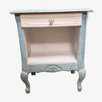 Low bedside table, 1 drawer, white and blue redesigned