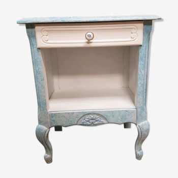 Table de chevet basse, 1 tiroir, niche, relooké blanc et bleu