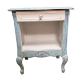 Low bedside table, 1 drawer, white and blue redesigned