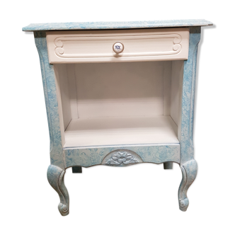 Table de chevet basse, 1 tiroir, niche, relooké blanc et bleu