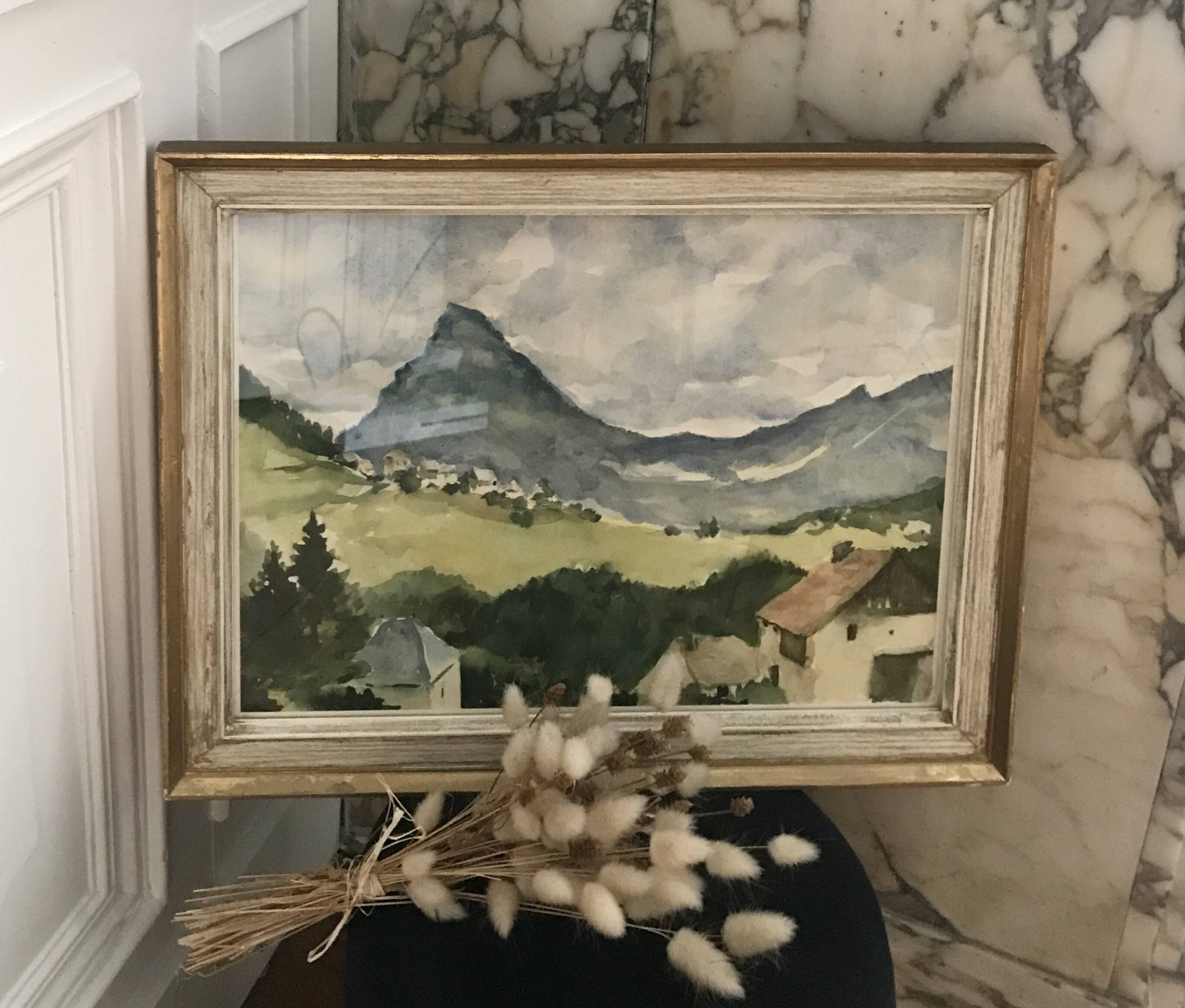 Watercolor framed under glass countryside landscape