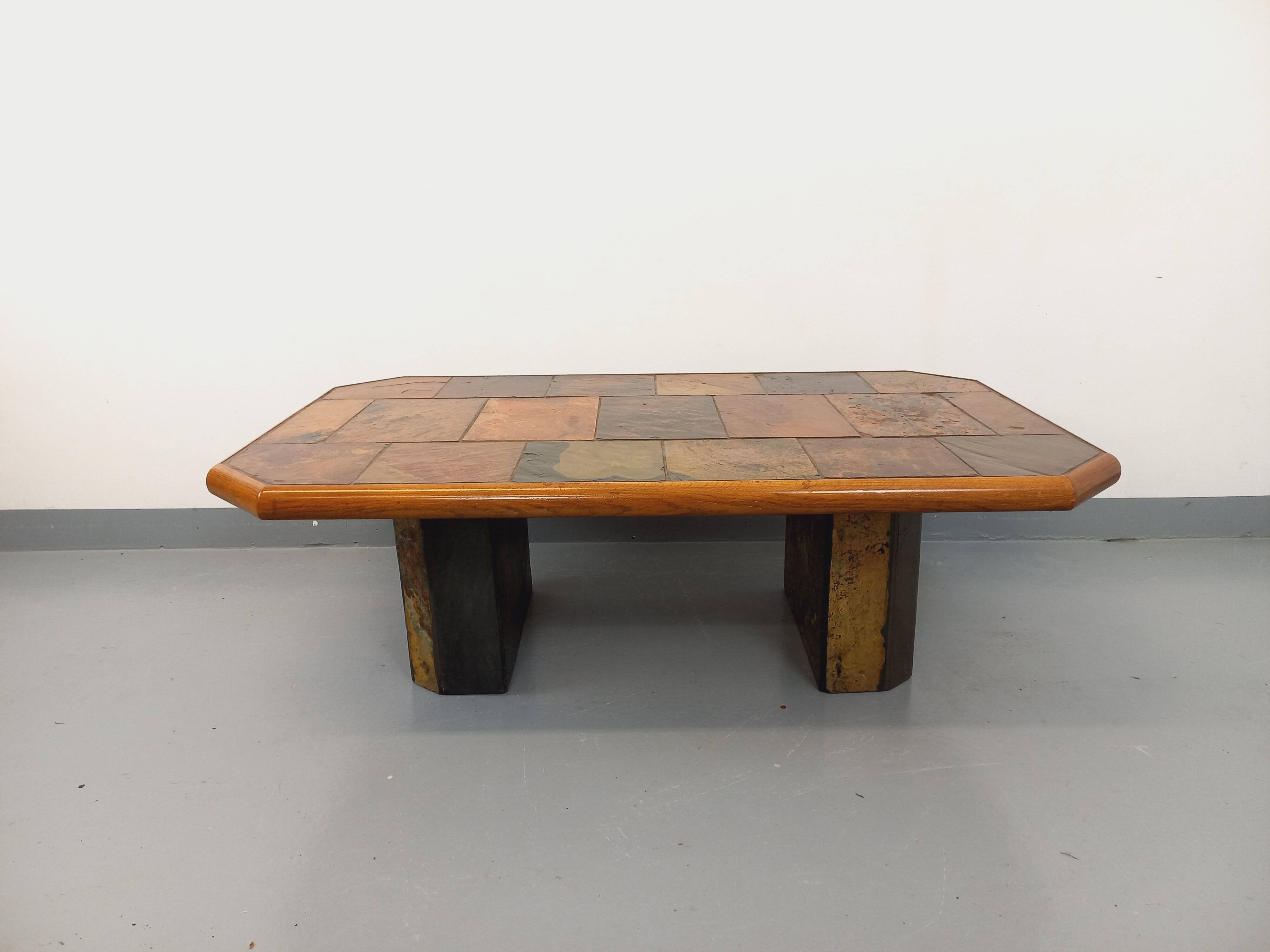 Vintage Brutalist Stone and Oak Coffee Table from the 70s 80s