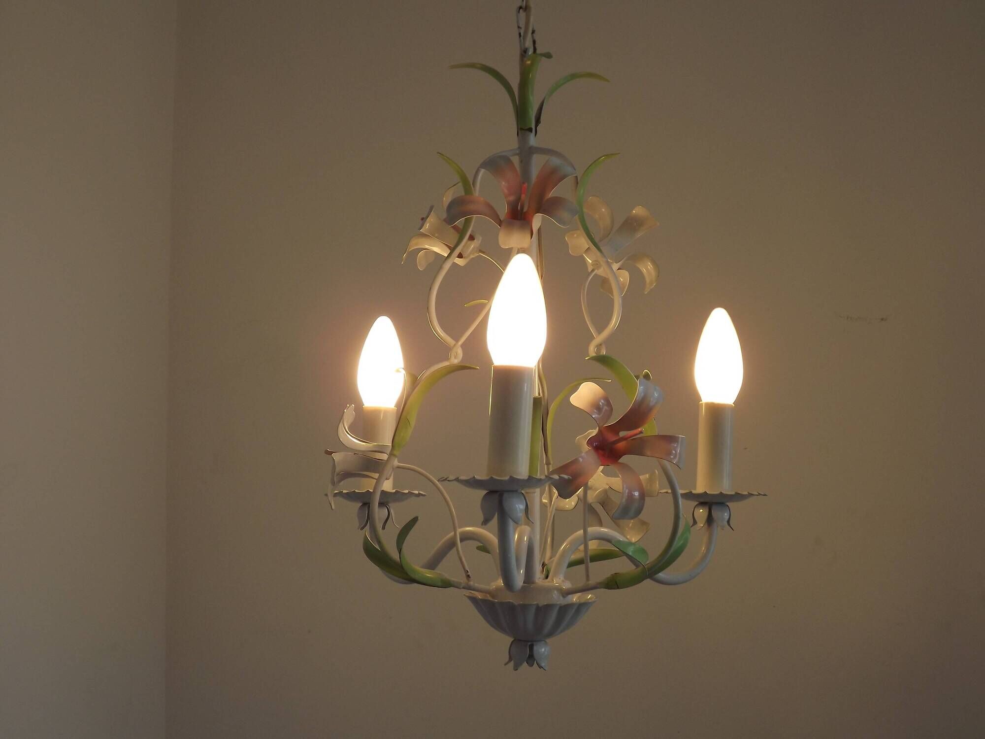 French Vintage 3 Light Pink Lily Flower Cage Style Metal Chandelier 5470