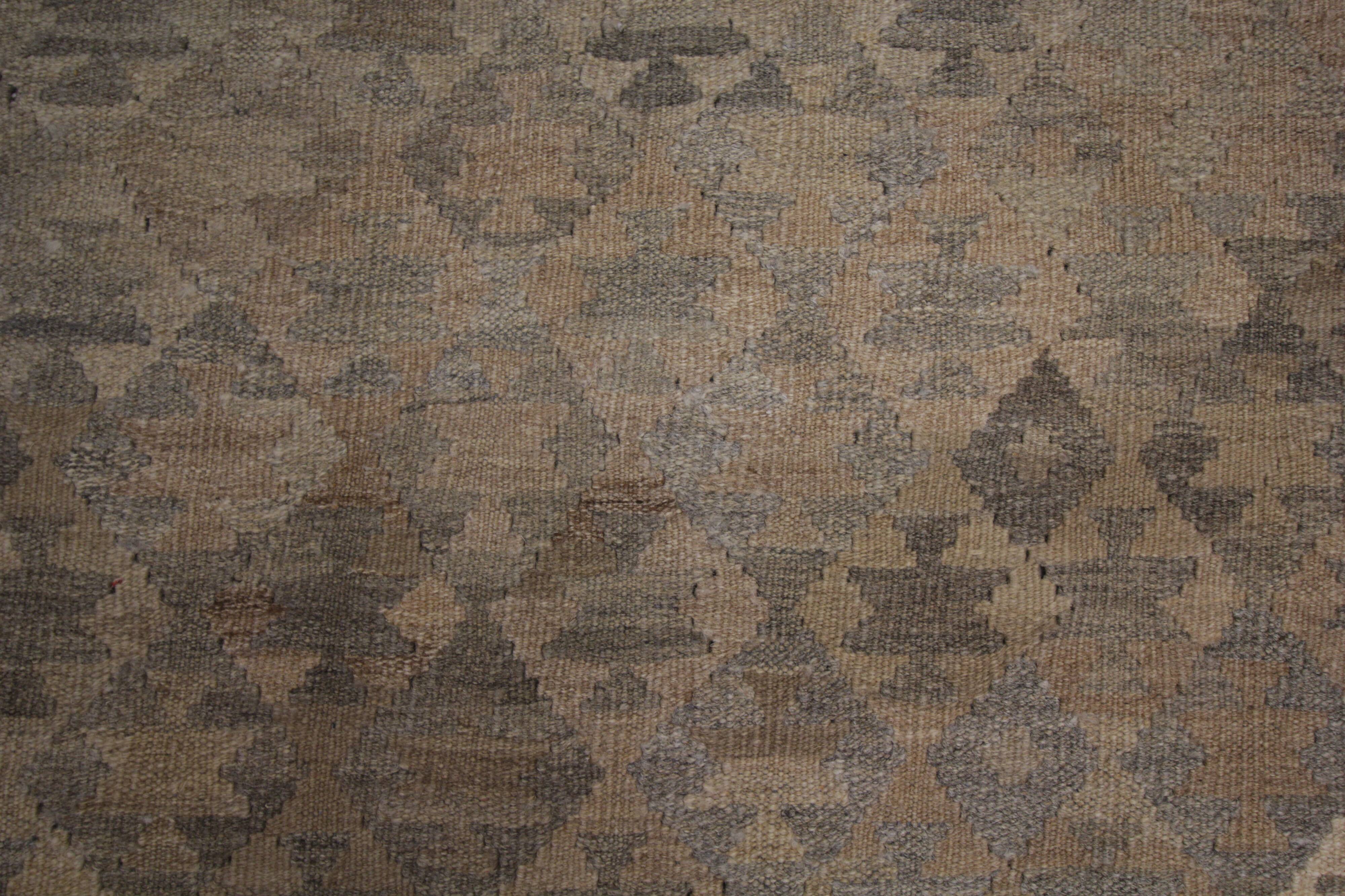 Brown & Khaki Geometric Kilim Rug, Handwoven Wool Carpet 302 x 239 cm