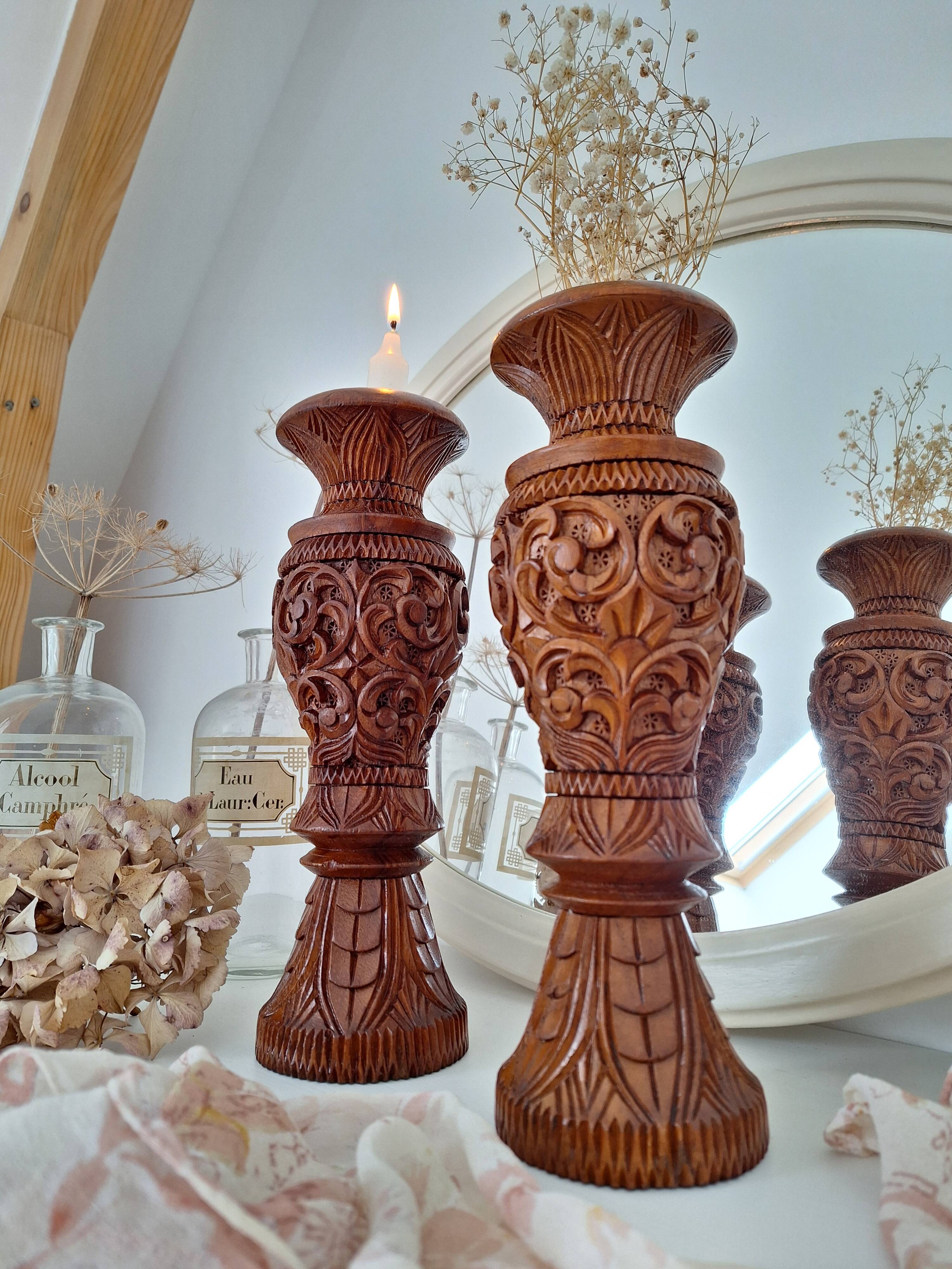 Candlestick / Vase in carved exotic wood