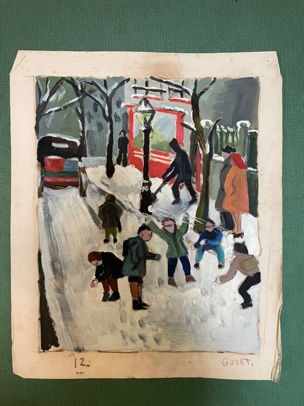 Tableau enfants jouant dans la neige signé Guiet XXE