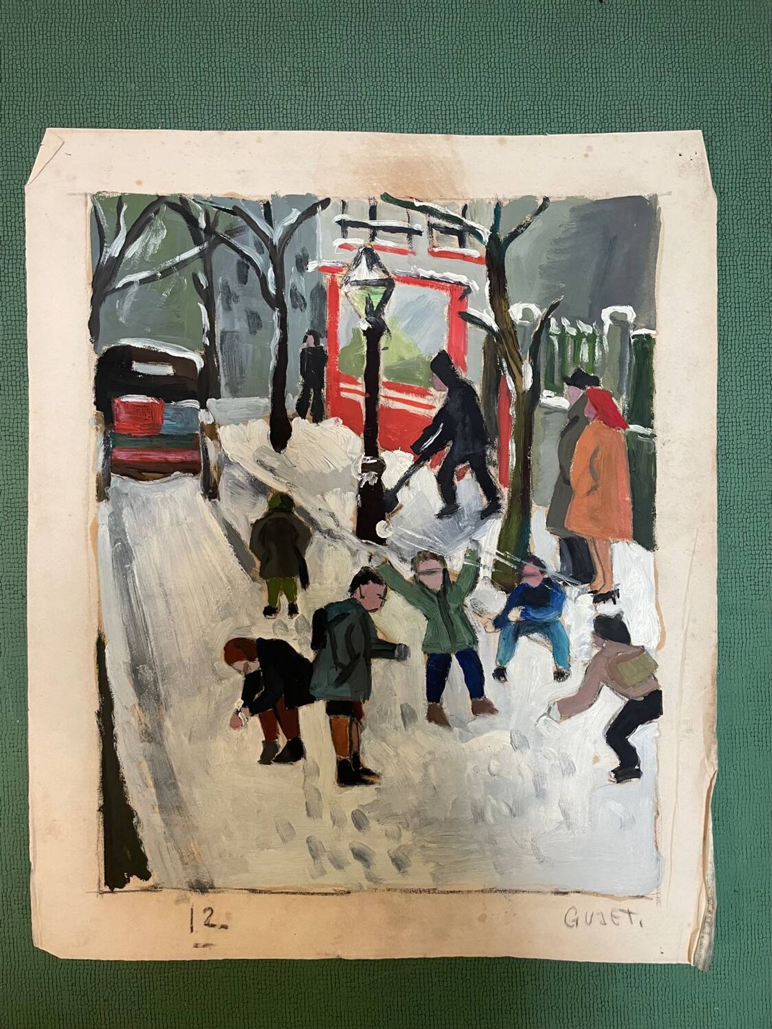Painting children playing in the snow signed Guiet XXE