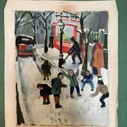 Painting children playing in the snow signed Guiet XXE