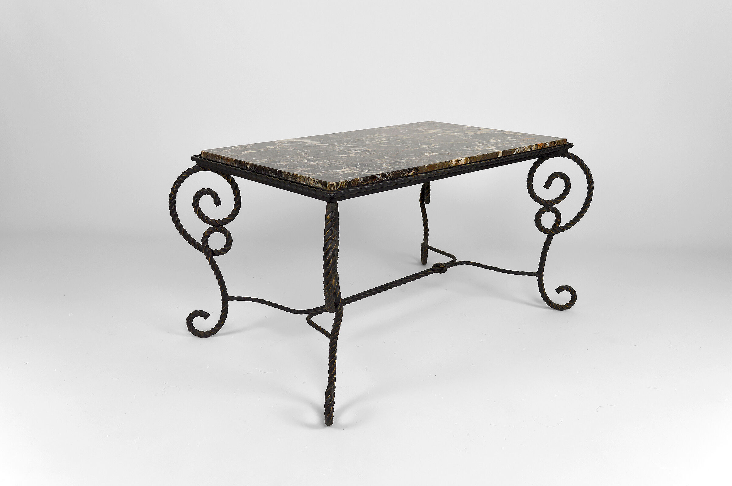 Coffee table in patinated wrought iron and marble, circa 1940