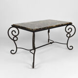 Coffee table in patinated wrought iron and marble, circa 1940