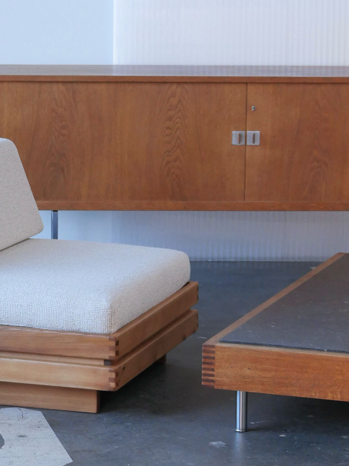 Belgian coffee table from the 80s, oak and blue stone from Belgium.