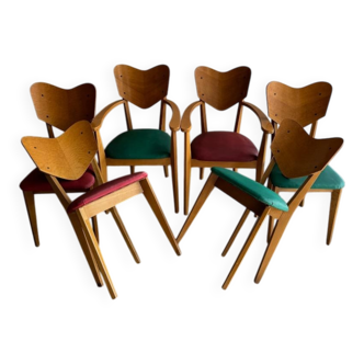 Set of 6 René-Jean Caillette Heart-Shaped Chairs, Bent Wood with Green & Burgundy Upholstery