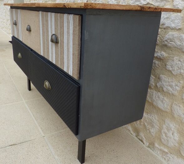Console with raw wood top and 5 drawers in burlap and imitation leather