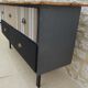 Console with raw wood top and 5 drawers in burlap and imitation leather
