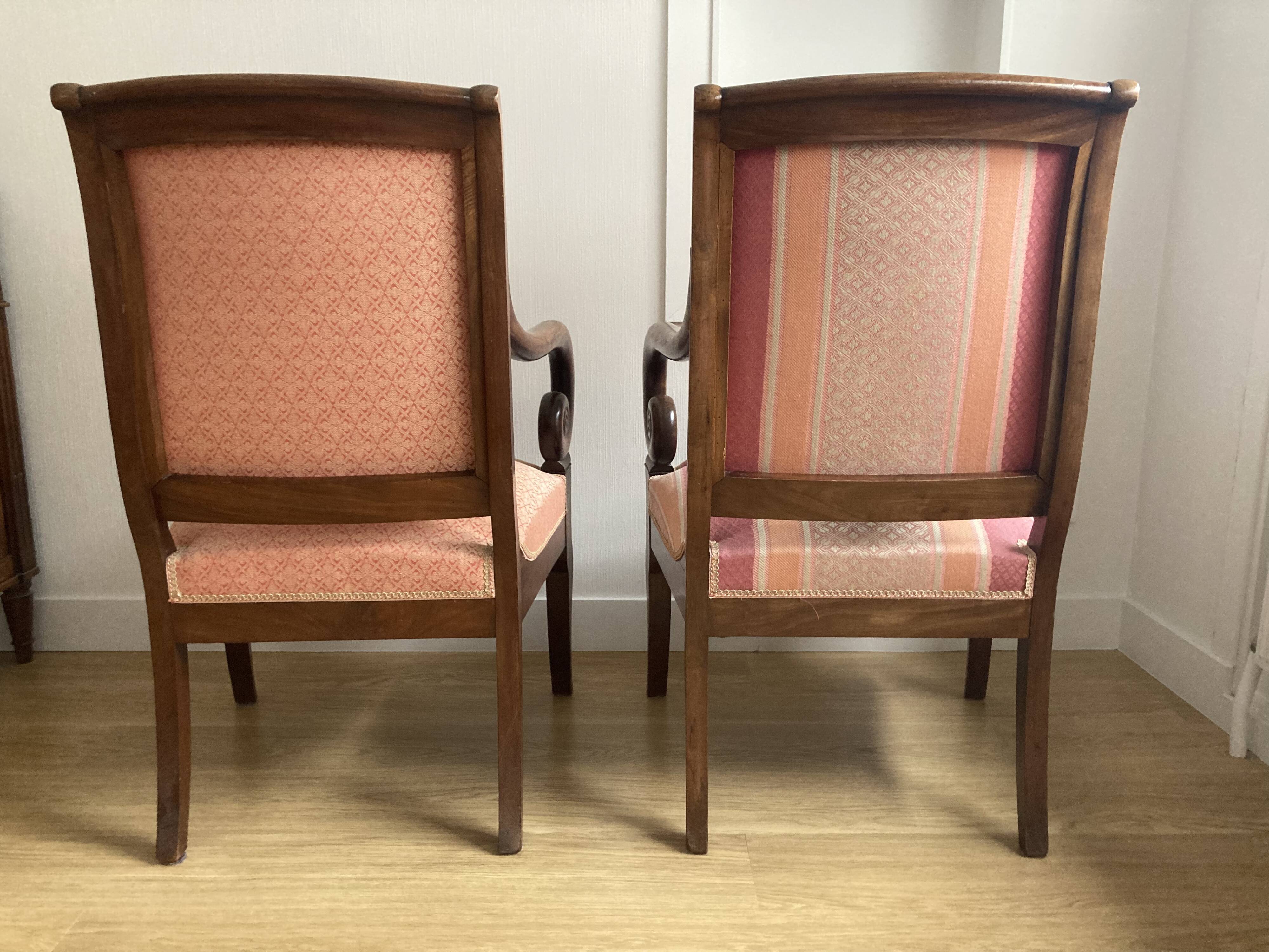 Pair of Restoration style armchairs with curved arms and cabriole legs