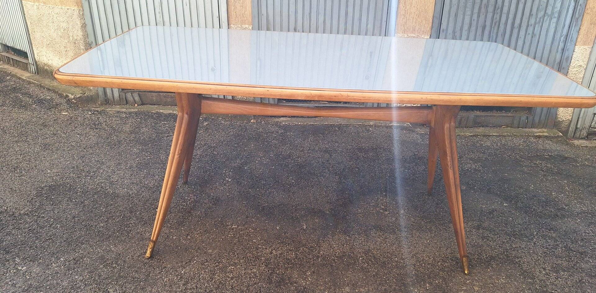 Dining Table Wooden Base, Brass Finishes, Wooden and Blue Glass Top, 1950s