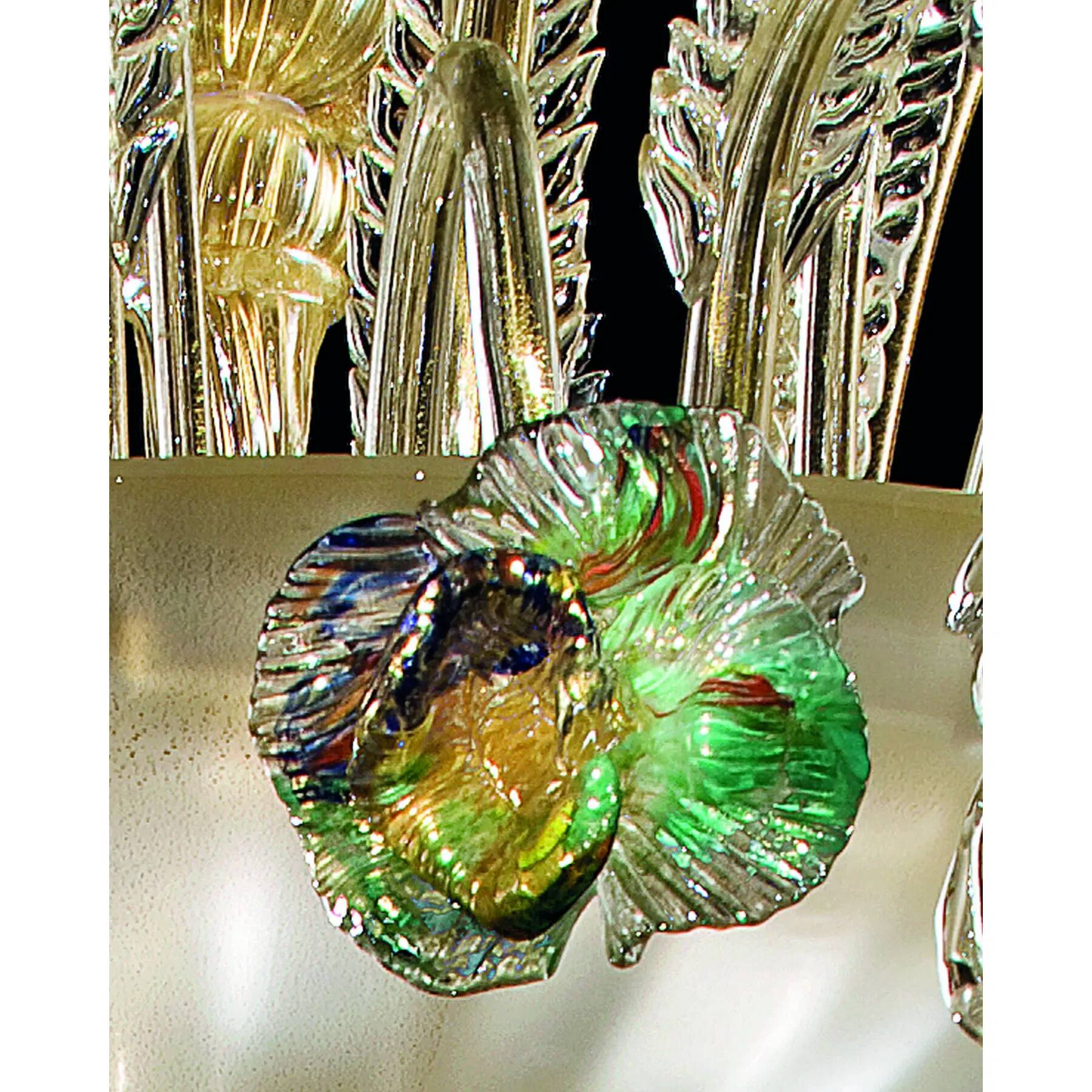 Contemporary Lively Transparent and Gold Floral Chandelier in Murano Glass