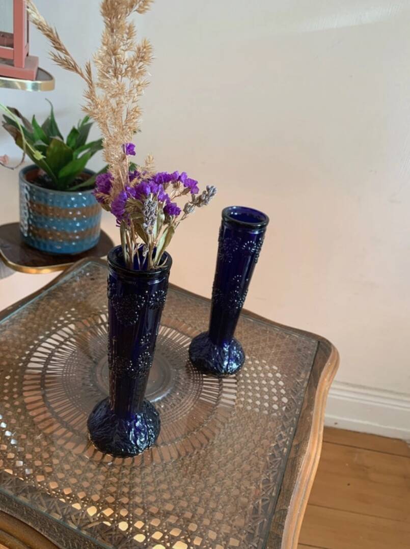 2 vintage cobalt blue pressed glass vases
