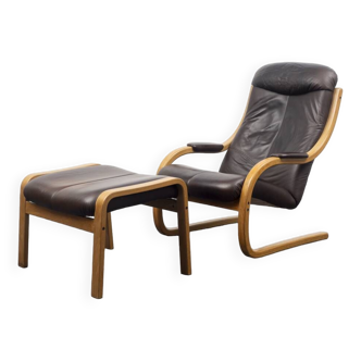 Vintage Scandinavian armchair with footrest, leather and wood