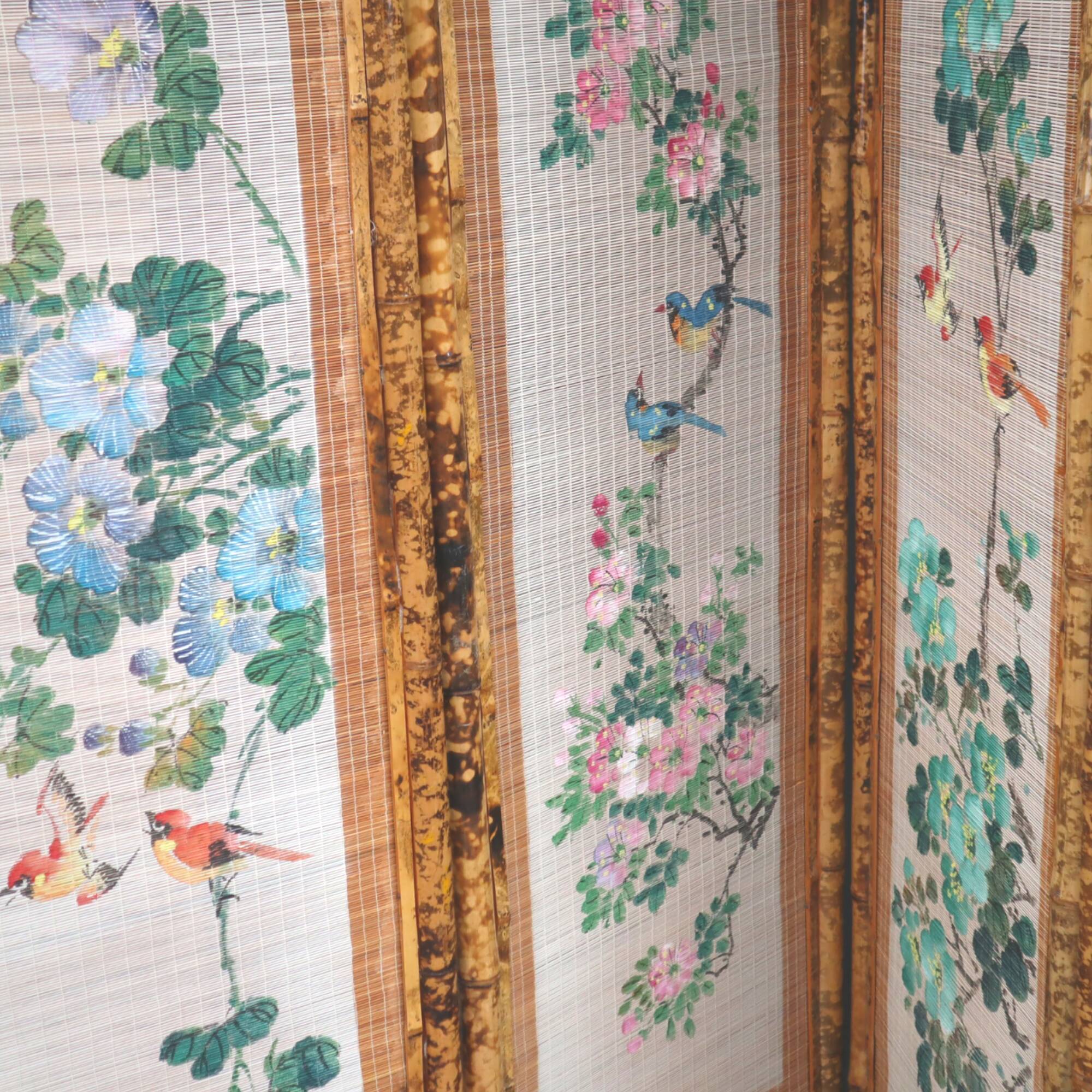 Screen in painted rice straw, bamboo and rattan with 5 panels - 1970