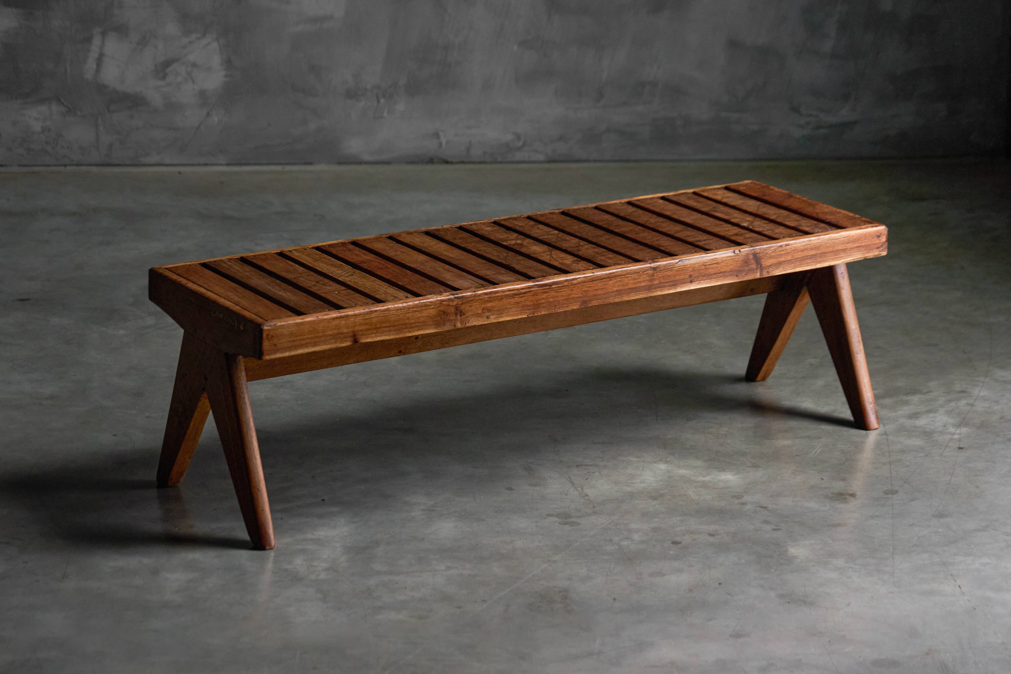 Solid Teak Slatted Bench by Pierre Jeanneret, India, 1950s