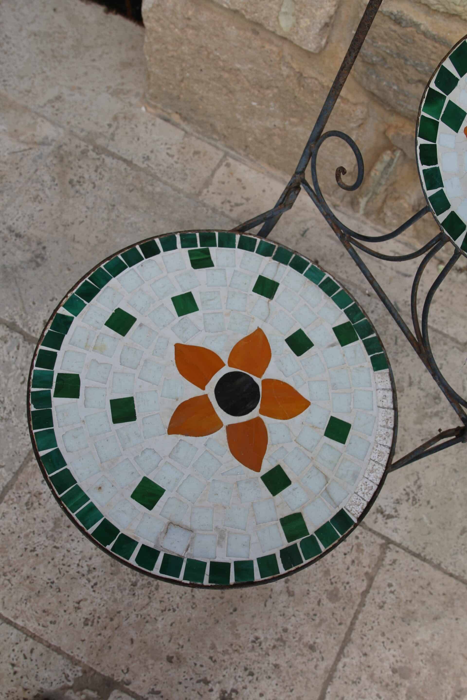 Chaise de jardin pliante fer forgé et mosaïque