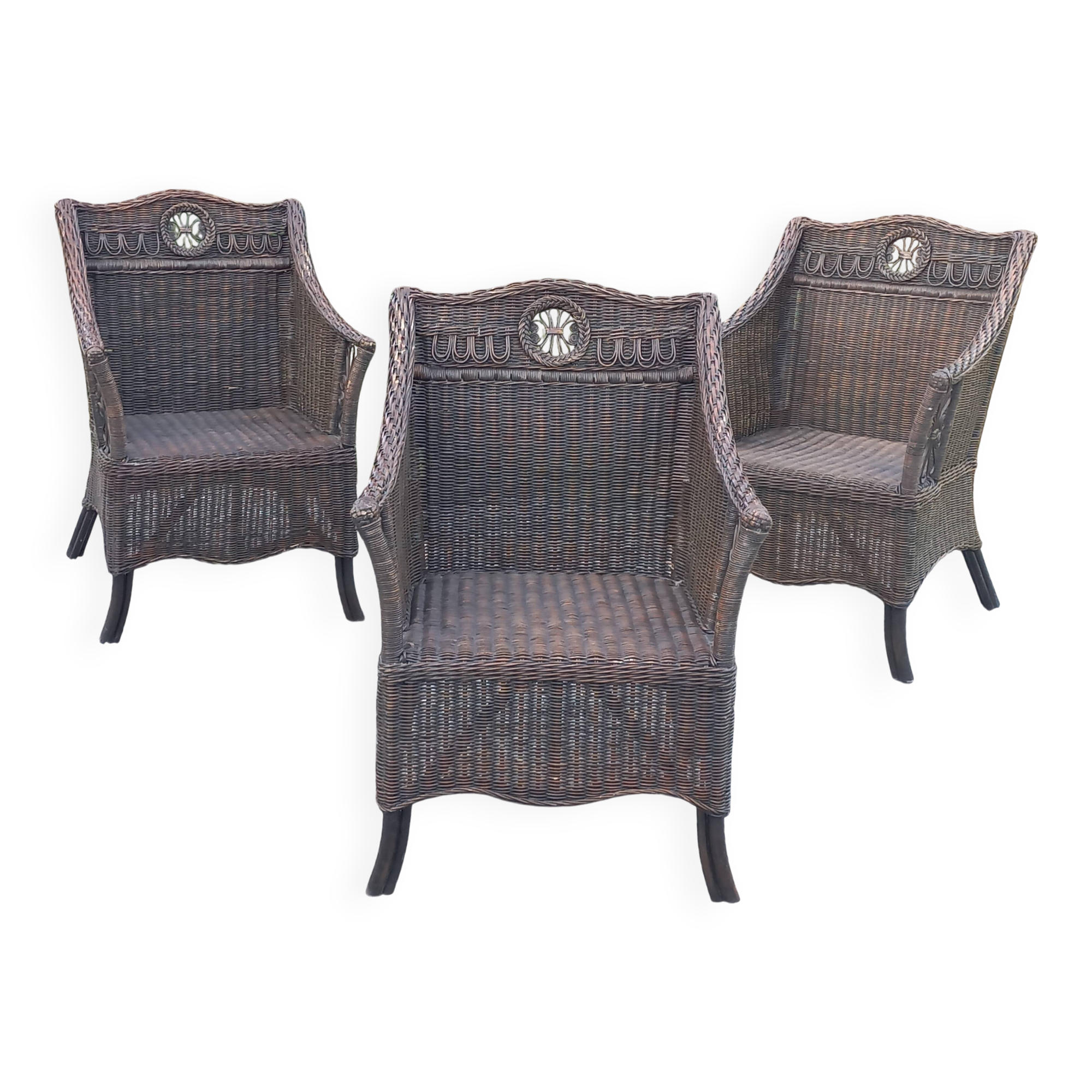 Set de 3 fauteuils en rotin des années 70