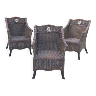 Set de 3 fauteuils en rotin des années 70