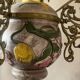 Antique lustre from the late 19th century, brass and opaline with floral decoration, 9 oil lights.