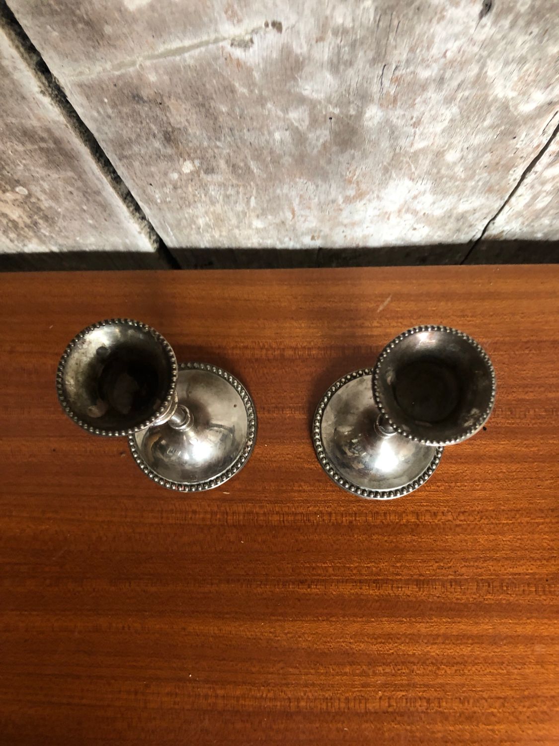 Old pair of silver metal candlesticks vintage pearl rank