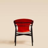 Maërl armchair, Galathée model, red leather, solid wood armrests of your choice