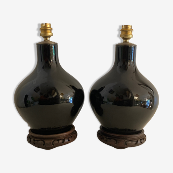 Pair of legs of Japanese lamps in black opaline