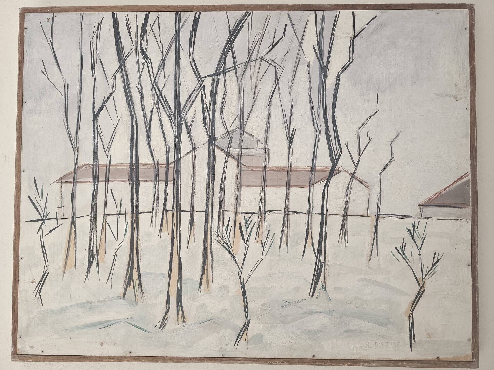 Oil painting on panel Winter landscape with snow Signed Bazin
