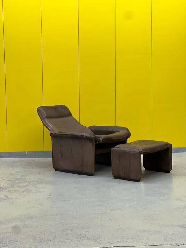 Fauteuil vintage en cuir marron DS 50 de De Sede, années 1960-1970 + tabouret