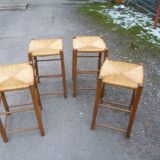 Set of 4 bar stools wood and straw