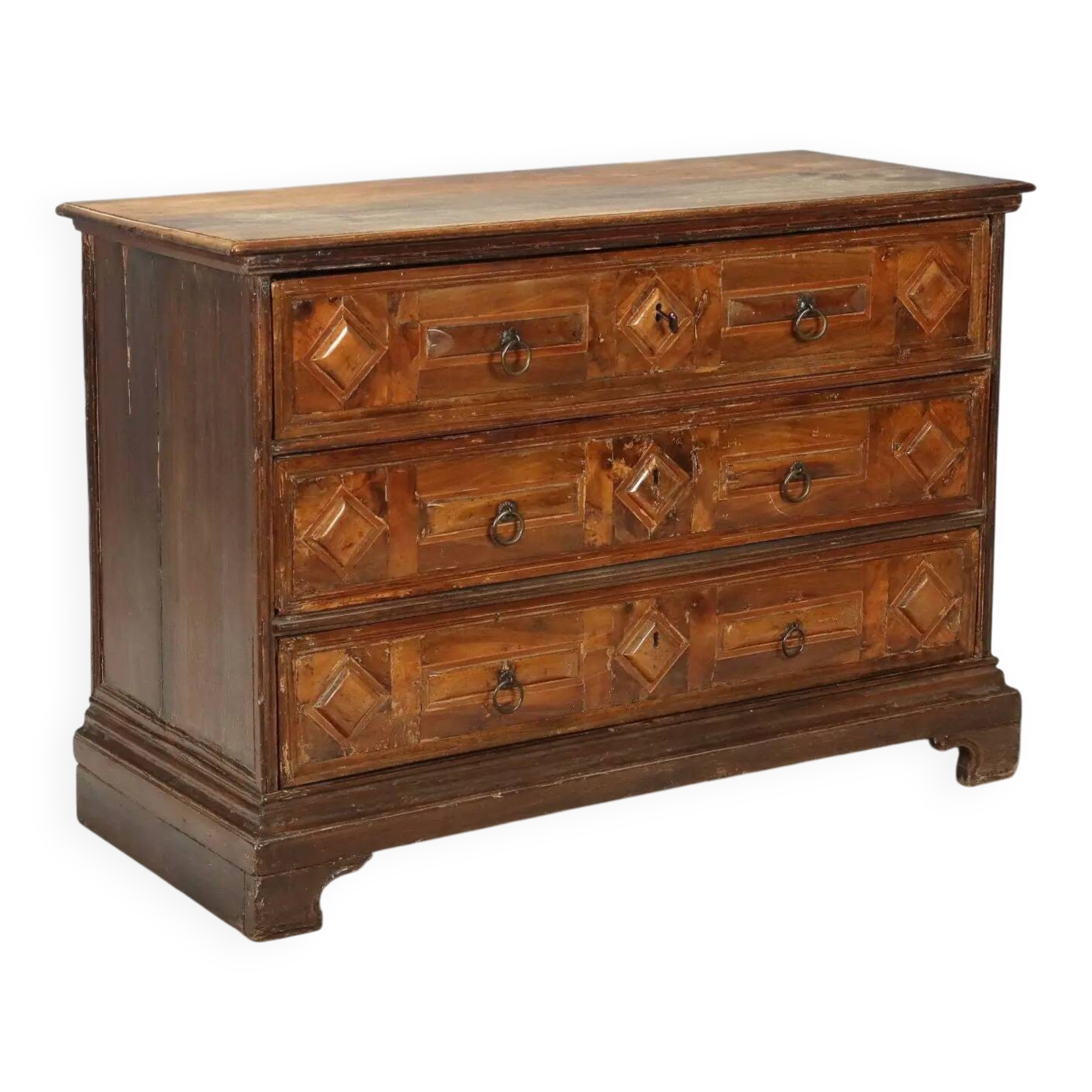 Commode ancienne baroque en noyer à 3 tiroirs, XVIIIe siècle