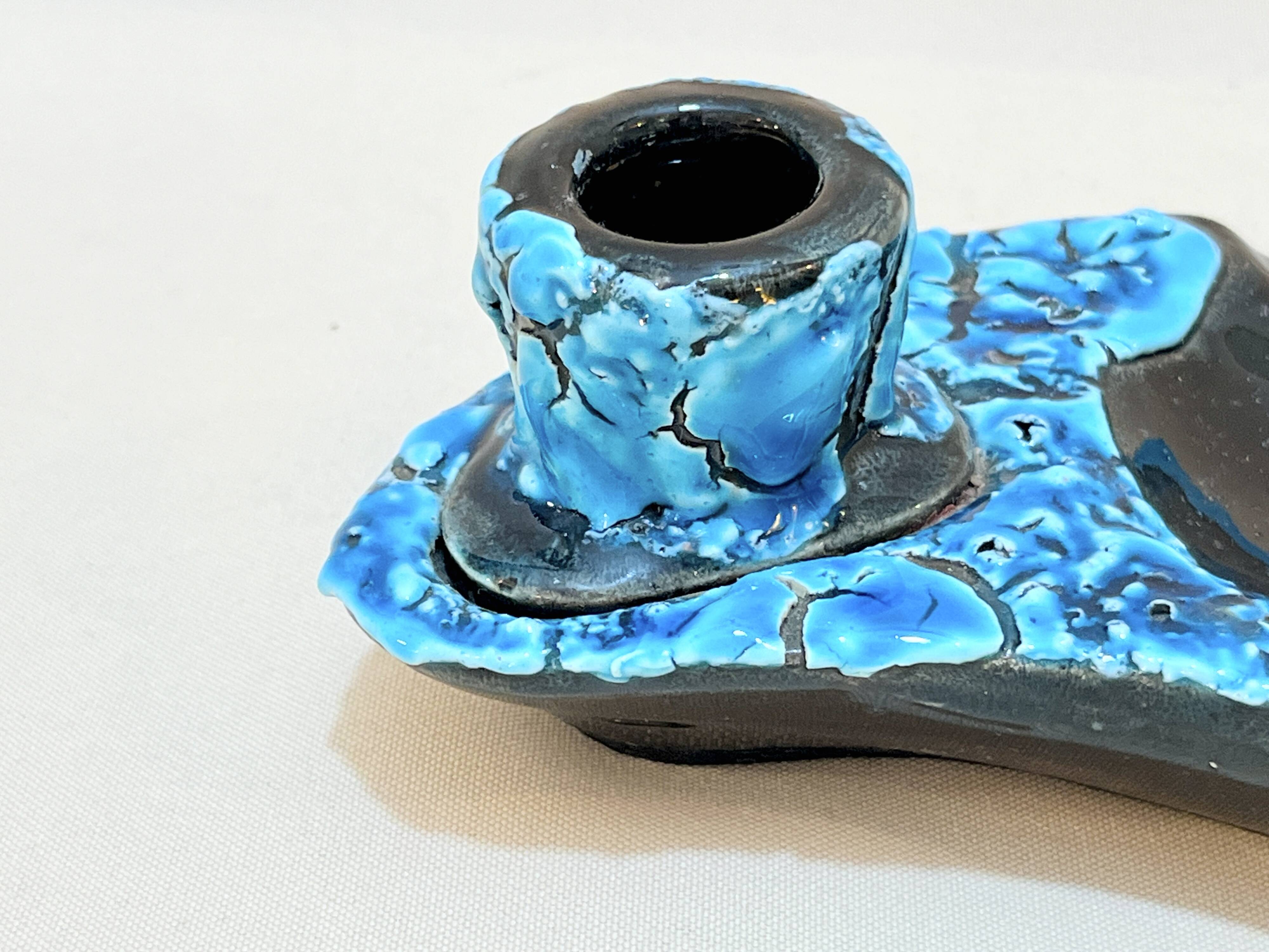 Candle holder ashtray blue fat lava glacier enamels cyclops ceramic pottery Annecy