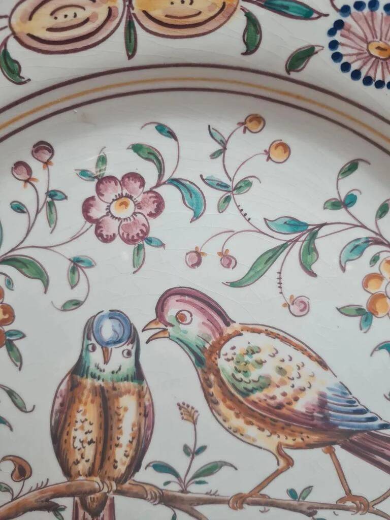 Large vintage plate with bird decor – signed Outeiro