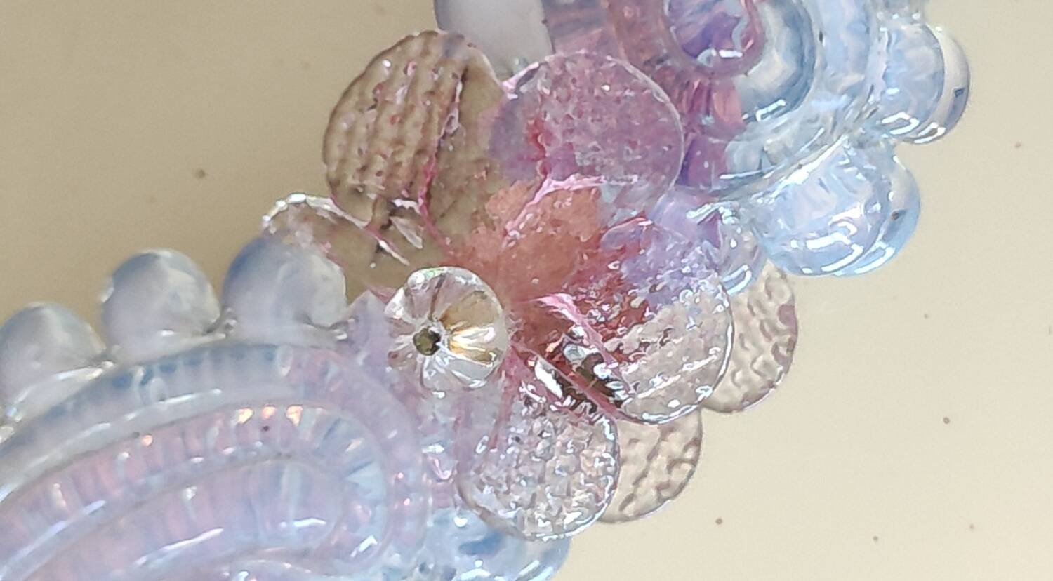 Iridescent blown glass mirror table/dressing table Murano. Floral patterns.