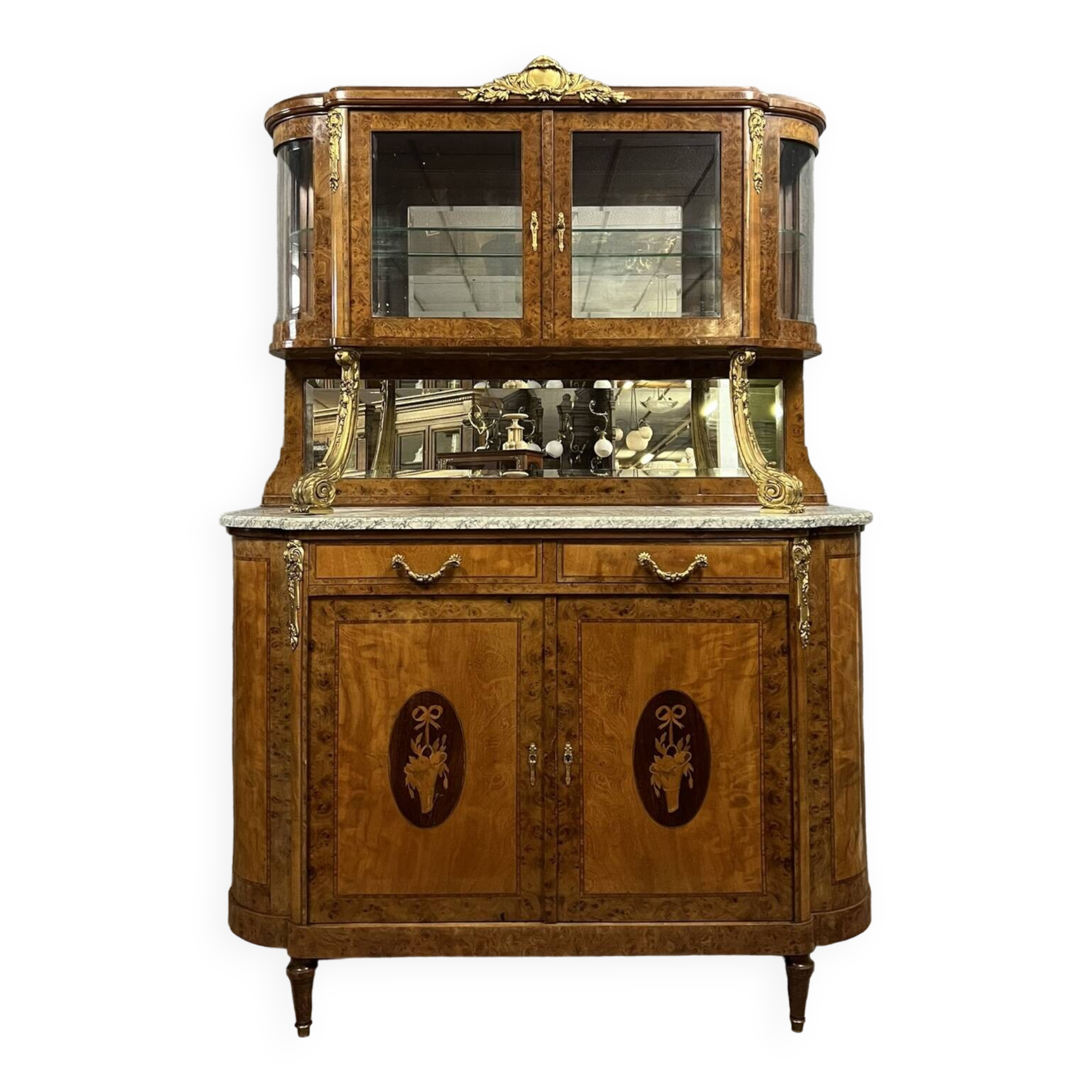 Superb Louis XVI two-body buffet in marquetry and gilded bronzes circa 1880