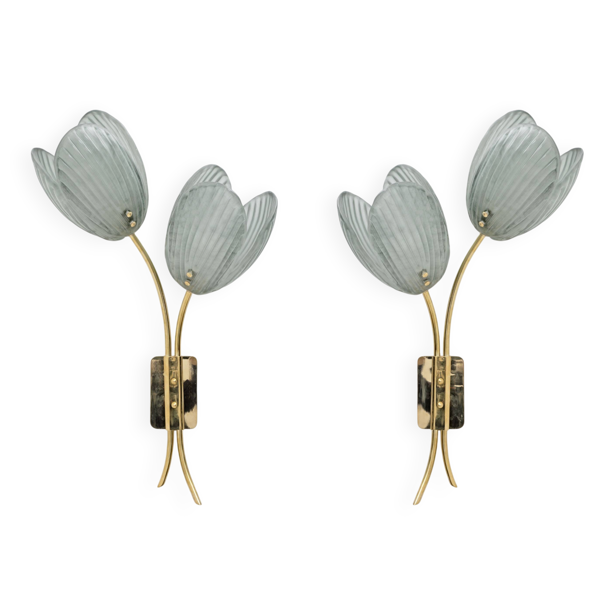 Pair of Tulips Murano Glass and Brass Sconces