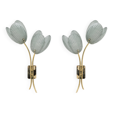 Pair of Tulips Murano Glass and Brass Sconces
