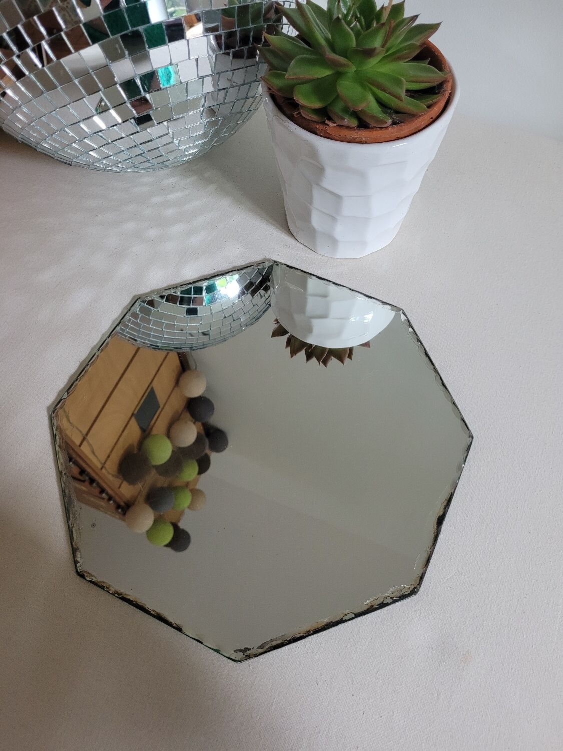 Hexagonal tabletop mirror with bevelled edge