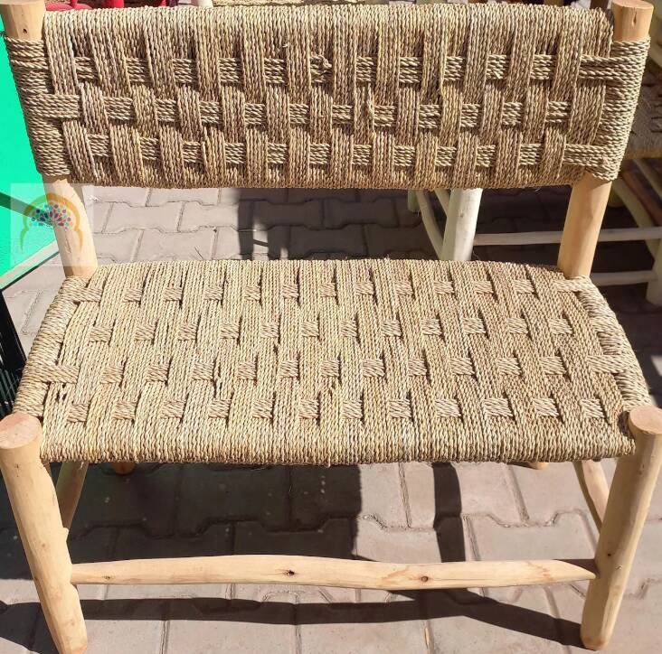 Moroccan Wooden Bench with Palm Leaf Cord Entryway and Living Room Boh