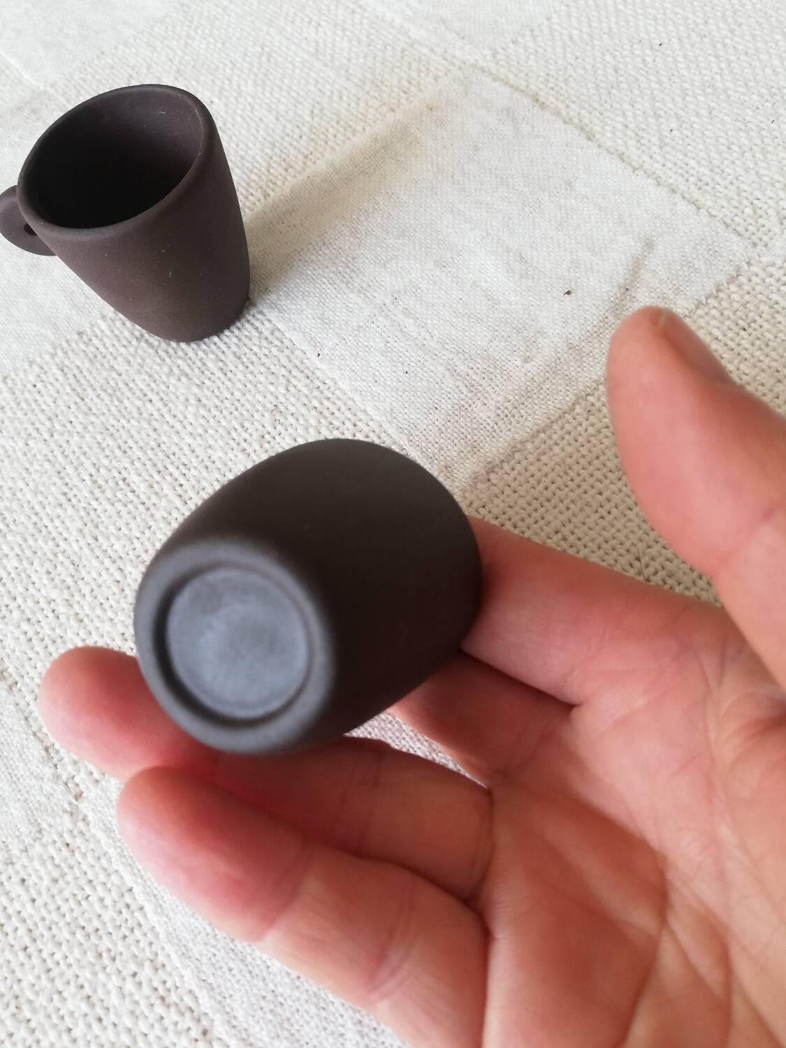 Set of three matte brown ceramic cups for dolls' play kitchen