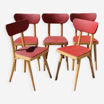 5 chaises hêtre clair skaï rouge 1950