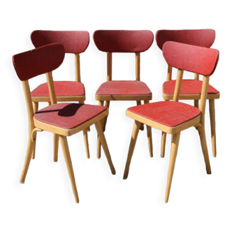 5 chaises hêtre clair skaï rouge 1950