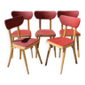 5 chaises hêtre clair skaï rouge 1950
