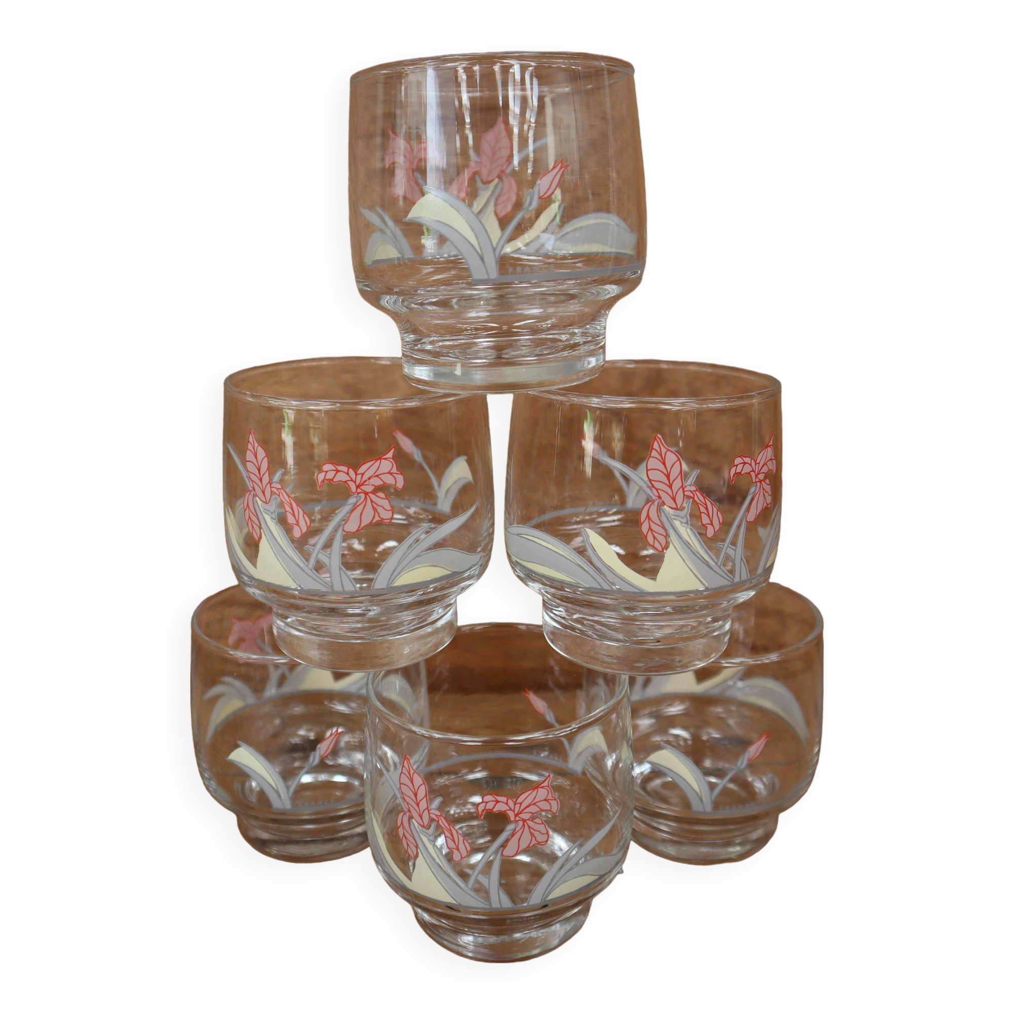 6 Verres transparent décors fleuris Luminarc vintage